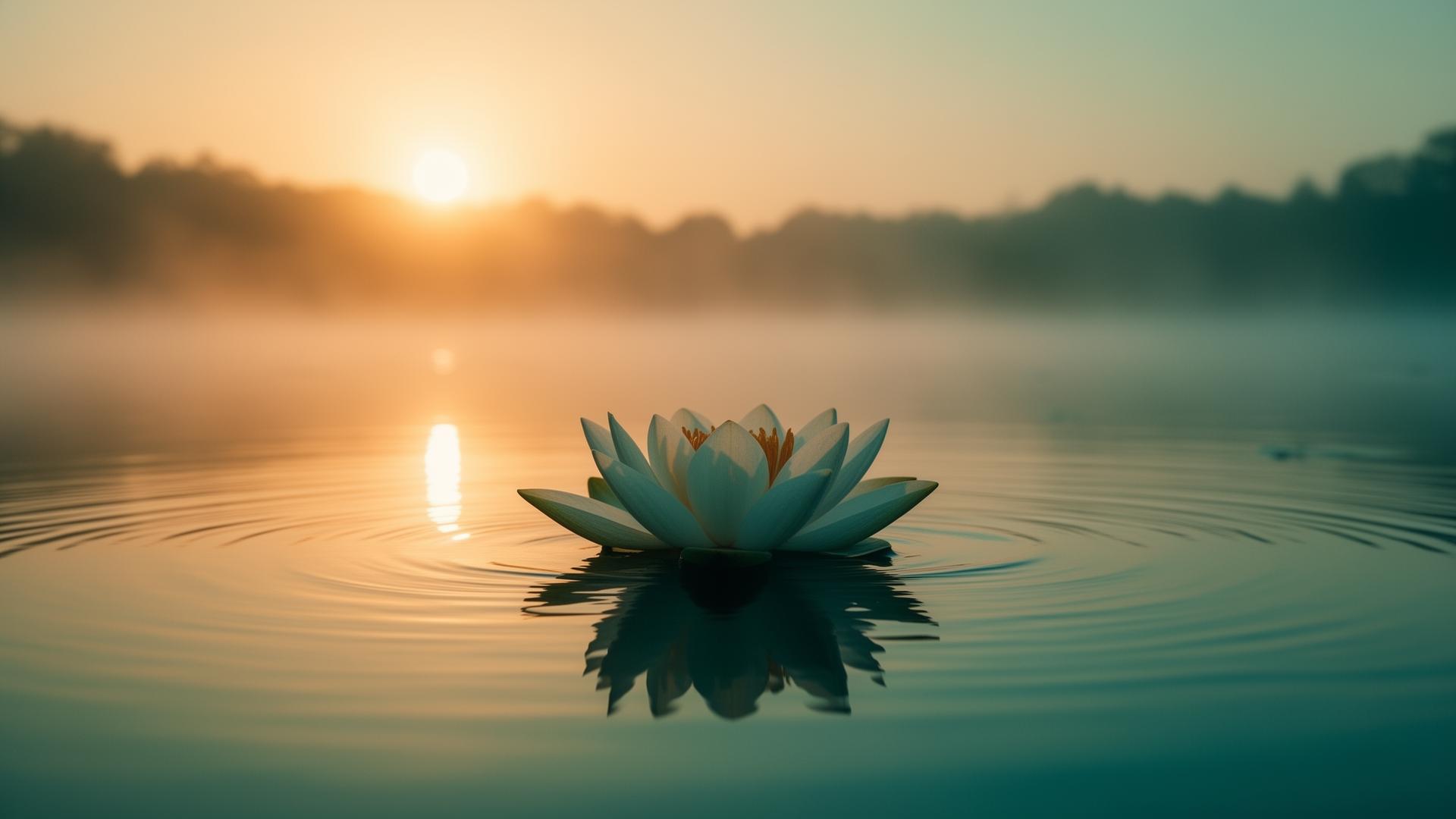 A single lotus flower floating on still water at sunrise