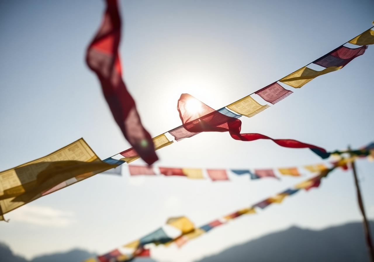 Tibetan prayer flags fluttering against the sky